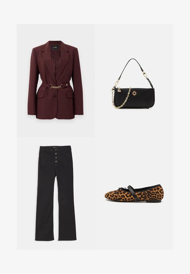 Blazer burgund cu un design ajustat, două buzunare frontale, închidere cu un singur buton și un accent de curea cu lanț auriu. Potrivit pentru contexte formale.; Polo shirt bleumarin cu țesătură rașchetată, având guler ascuțit, mâneci scurte și două buzunare frontale cu butoane tip snap; evidențiat prin accente de cusătură albă.; Jeans din denim negri cu talie înaltă, design cu cinci buzunare și închidere frontală cu patru butoane metalice.; Balerini cu imprimeu leopard și accente negre, având vârful rotund, talpa plată și o fundiță decorativă în față. Textură moale.; Geantă de mână neagră cu o textură netedă, având o curea din lanț auriu, închidere cu fermoar și un emblema decorativă aurie pe față.