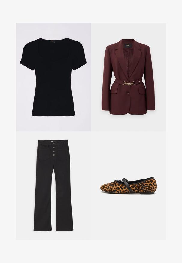 Burgundské sáčko s přiléhavým střihem, dvěma předními kapsami, zapínáním na jeden knoflík a zlatým řetízkovým páskem jako akcentem. Vhodné pro formální příležitosti.; Černý žebrovaný top s krátkými puff rukávy a čtvercovým výstřihem, s přiléhavým střihem a jemnými texturovanými detaily.; Černé zvonové džíny s vysokým pasem, designem s pěti kapsami a předním zapínáním na čtyři kovové knoflíky.; Baleríny v leopardím vzoru s černými akcenty, mají zaoblenou špičku, plochou podrážku a dekorativní mašličku vpředu. Měkký povrch.