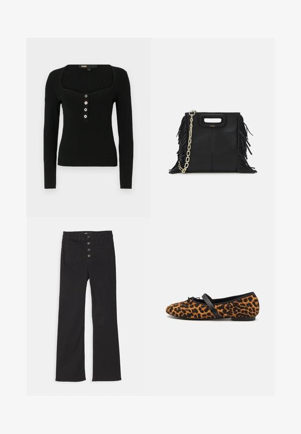 Burgundy blazer with a fitted design, two front pockets, a single button closure, and a gold chain belt accent. Suitable for formal contexts.; Black long-sleeve ribbed top featuring a square neckline and five decorative buttons at the front for closure.; Black denim flared jeans with a high waist, five-pocket design, and a front button closure featuring four metal buttons.; Leopard print ballet flats with black accents, featuring a rounded toe, a flat sole, and a decorative bow at the front. Soft texture.; Black leather handbag with fringe details, gold chain shoulder strap, and a cut-out handle. Features logo placement on the front.