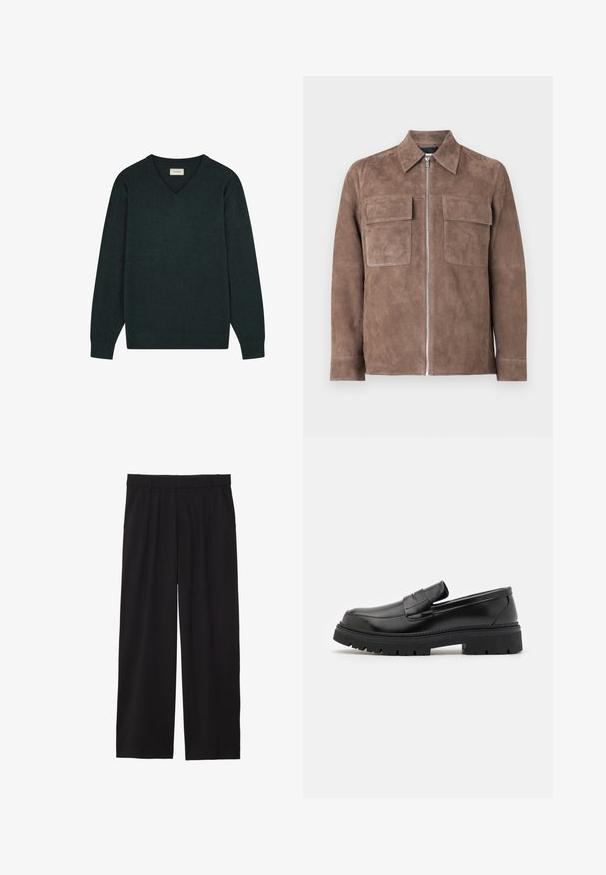 Bruine suède jas met een rits aan de voorkant, puntkraag en twee borstzakken. Glad oppervlak en minimalistisch ontwerp.; Donkergroene V-hals trui, gemaakt van zacht breiwerk. Heeft lange mouwen en een subtiel geborduurd logo op de borst.; Korte mouwen t-shirts in zwart en wit, met een vlinder graphic met vlammenpatroon op de voorkant van het witte shirt. Katoenen materiaal.; Zwarte wijde broek met geplooide voorkant, zijzakken en een gladde stoftextuur. Ontworpen voor een ontspannen pasvorm.; Zwarte leren instappers met een vlakke, geribbelde zool. Voorzien van een gestikt ontwerp en een instapstijl met een decoratieve band over de voorkant.