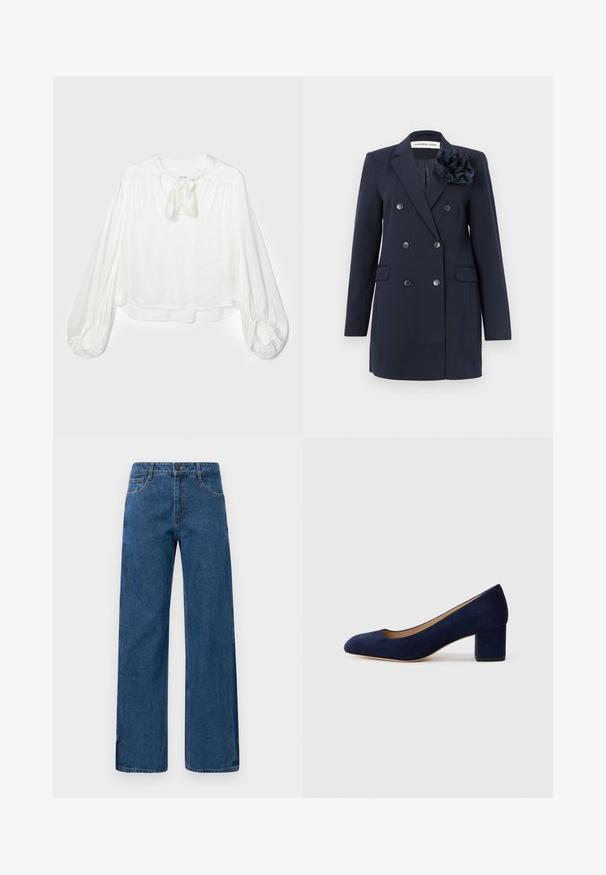 Navy blue double-breasted blazer made of textured fabric, featuring buttons, two front pockets, and a floral accent on the shoulder.; White blouse with a round neckline and a tied bow detail. Features long, puffed sleeves with gathered cuffs and a loose fit. Soft, lightweight fabric.; Blue high-waist wide-leg jeans with front and back pockets, button closure, and visible stitching on a white background.; Navy blue suede pump with a pointed toe and a mid-height block heel. Smooth texture with a subtle sheen and a small cutout at the front.