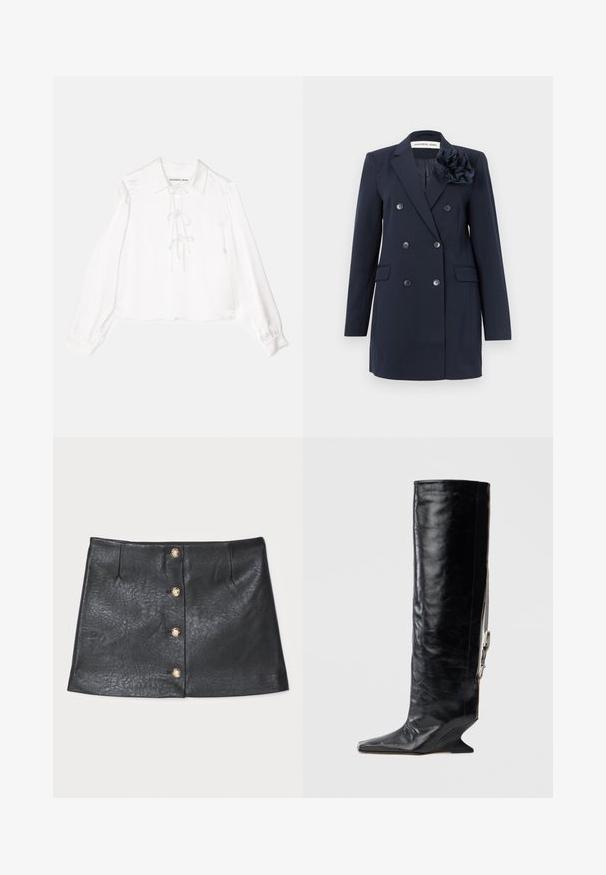 Navyblauwe dubbelgeknoopte blazer van textuurstof, met knopen, twee voorkruiden en een bloemenaccent op de schouder.; Witte blouse met lange mouwen en een kraaglijn, voorzien van een centrale vetersluiting, gemaakt van soepel stof. De manchet is elastisch.; Zwarte leren mini-rok met een strakke uitstraling, voor sluiting met knopen en gouden accenten, en een textuur met een subtiele glans.; Zwart leren laars tot net onder de knie met een puntige neus, unieke sleehak en een kettingaccent aan de zijkant. Zachte textuur met een glanzende afwerking.