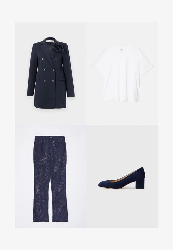 Sötétkék, dupla soros zakó, textúrált anyagból készült, gombokkal, két elülső zsebbel, és virágos díszítéssel a vállán.; Fehér pamut póló rövid ujjal, kerek nyakkivágással, laza fazonnal és varrott szegéllyel. Címke látható a belső nyakrészén.; Sötétkék csipke nadrág, amely fazonolt, harang aljú, derékpánttal, két elülső zsebbel és gombos zárással rendelkezik. Aprólékos csipke részletekkel mintázva.; Tengerészkék velúr, hegyes orrú pumpa, középmagas tömbsarkúval. Simítású felület finom fénylő hatással, elöl egy kis kivágással.
