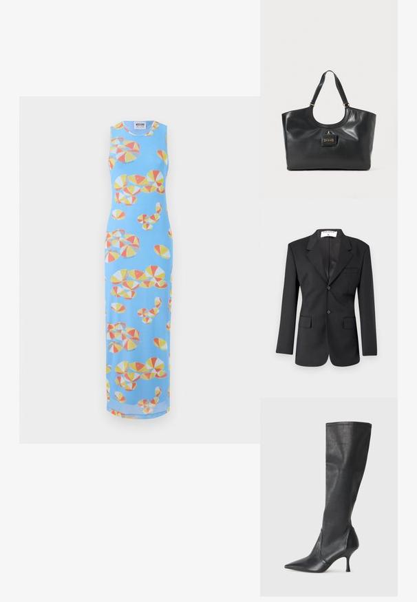 Blazer negro de tejido suave con cierre de un botón, solapas de muesca, dos bolsillos frontales y un corte ajustado.; Vestido largo sin mangas de tela azul claro, con un patrón colorido de sombrillas de playa en rojo, amarillo y gris. Textura suave, silueta ajustada.; Botas de cuero negro hasta la rodilla con punta afilada y tacón de aguja delgado. Textura suave con un diseño ajustado y costuras en el borde superior.; Bolso tote de cuero negro con acabado brillante, parte superior curva, dos asas para el hombro y un detalle en tono dorado en la parte frontal.