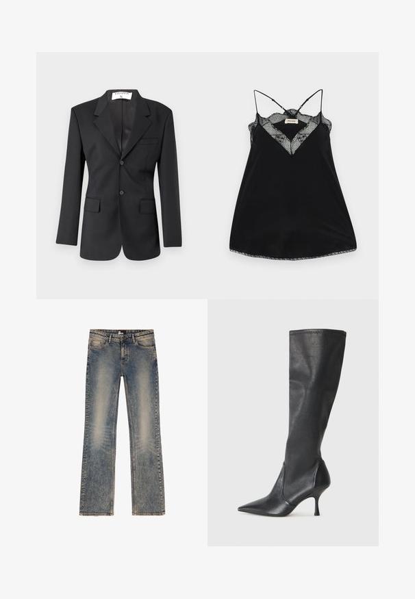 Črn blazer iz gladkega materiala z enojnim gumbom, ovratnikom s prerezom, dvema sprednjima žepoma in krojem, ki lepo prilega.; Črna majica s tankimi naramnicami, ki se lahko prilagajajo, z čipkastim globokim izrezom in valovitimi robovi. Gladko blago z rahlim leskom.; Svetlo modri kavbojki iz denima z blagim obrabljenim videzom, pet žepov in ravnim krojem. Šivani rob in rahli detajli mehkega dotika.; Črne usnjene škornje do kolen s koničastim nosom in ozkim stiletto peto. Gladka tekstura z oblikovanim dizajnom in šivi na zgornjem robu.