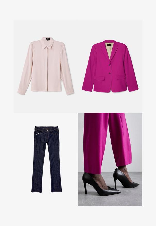 Fuchsia blazer with a notch lapel, two front pockets, and two brown buttons. Lined interior with visible brand label.; Light pink long-sleeve blouse with a collared neck, front button closure, and soft texture. Features subtle pleats and cuffed sleeves.; BITE Studios CREW NECK - Long sleeved top - rose; Dark blue denim jeans with a straight leg design, featuring a front button closure, five pockets, and visible stitching along the seams.; Black high heel shoes with a pointed toe design and smooth leather texture. Paired with bright pink, tailored trousers.