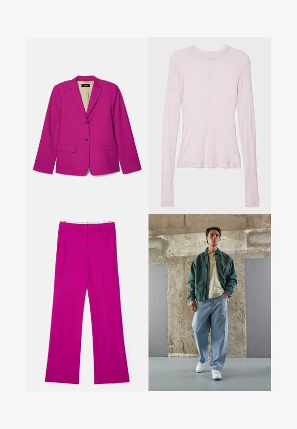 Fuchsiový blejzer s reverzovým golierom, dvoma prednými vreckami a dvoma hnedými gombíkmi. Podšitý vnútorný priestor so viditeľnou značkovou etiketou.; BITE Studios CREW NECK - Top s dlhým rukávom - rose; Fuchsiové nohavice so širokými nohavicami a hladkou textúrou, so prednými vreckami a prispôsobeným dizajnom pre štruktúrovaný vzhľad.; Zelená bomberová bunda cez svetlo žltý polo tričko, v kombinácii s voľnými modrými džínsami a bielymi teniskami. Hladké látky, uvoľnený strih, minimálny hardware.
