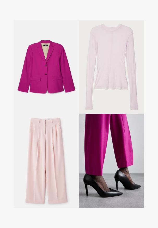 Fuksiaroosa bleiser, millel on sakiline krae, kaks esikot ja kaks pruuni nööpi. Vooderdatud sisemus, kus on nähtav brändi silt.; BITE Studios CREW NECK - Pikkade varrukatega topp - rose; Heled roosa laiade jalgadega püksid, millel on ees voldid, struktureeritud vöökoht ja sile kangas. Omab kahte küljetaskut.; Mustad mustrid kontsad jalatsid terava ninaga ja siledast nahast. Kombineeritud erkoranžide, sobivate pükstega.