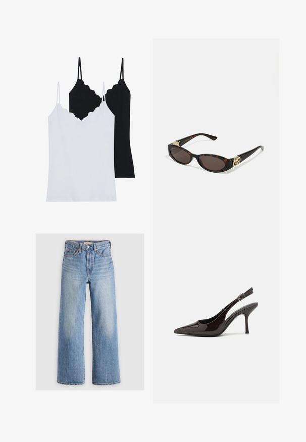 Hnědý přizpůsobený blazer s klopovým límcem, jedním knoflíkem na zapínání, dvěma předními kapsami a hladkým povrchem. Viditelná podšívka.; Dvě tílka v černé a bílé barvě, vyrobená z jemné tkaniny, se zoubkovanými okraji a tenkými nastavovacími ramínky.; Světle modré džínové široké nohavice s vysokým pasem, vybledlými oblastmi, pěti kapsami a kontrastním prošitím. Klasické zapínání na knoflík a zip.; Slingback lodičky na vysokém podpatku z lesklé tmavě hnědé lakované kůže, s špičatou špičkou, otevřenými stranami a nastavitelným páskem kolem kotníku.; Brýle sluneční s kočičím vzorem, prodloužené oválné čočky, hnědý odstín, zlaté logo na spáncích a elegantní černé nožičky.; Náušnice ve tvaru zlatočerného víru s průhledným záznamem, obsahující texturované zlaté akcenty a malé průhledné drahokamy zabudované v designu.