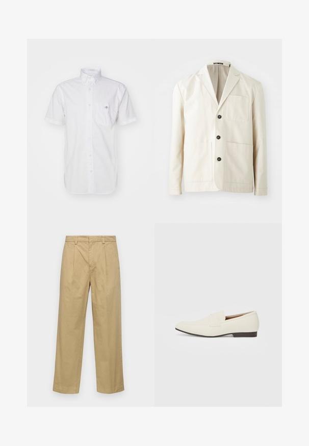 Beige pamut dzseki, élű gallérral, három fekete gombbal és két elülső zsebbel. Egyetlen mellzsebbel és hosszú ujjal rendelkezik.; Rövid ujjú, fehér gombos ing, könnyű pamutból készült, mellzsebbel és diszkrét logóval a zseben. Sima felszín.; Beige színű, egyenes szárú pamut nadrág, elülső redőkkel és oldalsó zsebekkel. Az anyag sima, puha tapintású.; Világos bézs loaferek hegyes orral, sima anyagból, a lábfejen lévő pánttal és alacsony barna talppal. Egyszerű dizájn, minimális díszítéssel.
