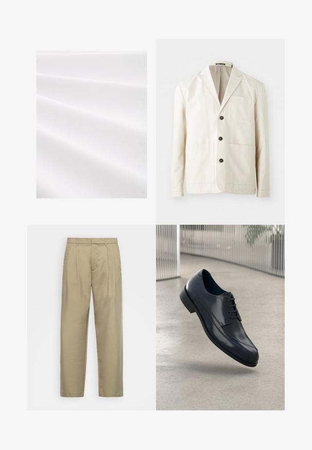 Beige katoenen jack met een gesneden revers, drie zwarte knopen en twee voorzakken. Bevat een borstzak en lange mouwen.; Witte stof met een gestructureerd, ribbelig oppervlak, dat zachte plooien en een subtiele glans vertoont. Glad afwerking zonder zichtbare patronen of accenten.; Beige, hoge taille broek met een rechte snit, voorzien van een platte voorkant, zijzakken en een gladde, gestructureerde stof.; Glanzende zwarte leren schoenen met veters, zwevend boven een glad, lichtgrijze vloer en verticale metalen stangen op de achtergrond.