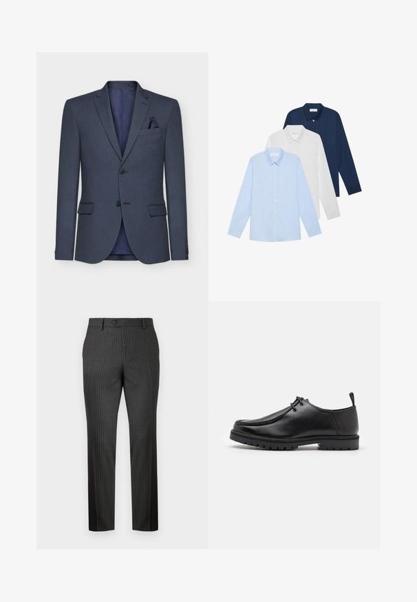 Navy blue blazer with a textured fabric, two buttons, notched lapels, and a pocket square; features a contrasting interior lining.; Three long-sleeve shirts: light blue, white, and navy. All have a classic collar and button-down front, made of smooth fabric.; Gray pinstriped trousers made of fabric with a smooth texture. Features a front button closure and straight-leg design for a tailored fit.; Black leather lace-up shoe with a rugged sole and pull tab at the heel, shown from the side on a white background.
