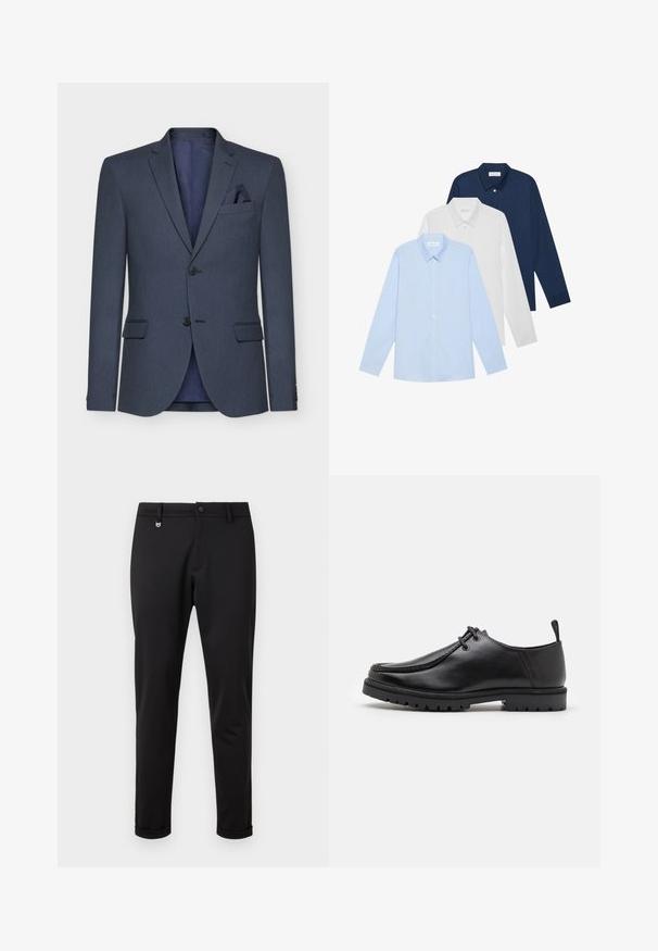 Blazer blu navy in tessuto texture, con due bottoni, rever a punta e pochette; presenta un rivestimento interno a contrasto.; Tre camicie a maniche lunghe: azzurra chiara, bianca e blu navy. Tutte hanno un colletto classico e una chiusura con bottoni, realizzate in tessuto liscio.; Pantaloni in tessuto elasticizzato neri con vestibilità slim, dotati di chiusura con bottone, passanti per cintura e orli arrotolati. Texture liscia con dettagli minimi.; Scarpa nera in pelle con lacci e suola robusta, con un pratico anello sul tallone, vista di lato su sfondo bianco.