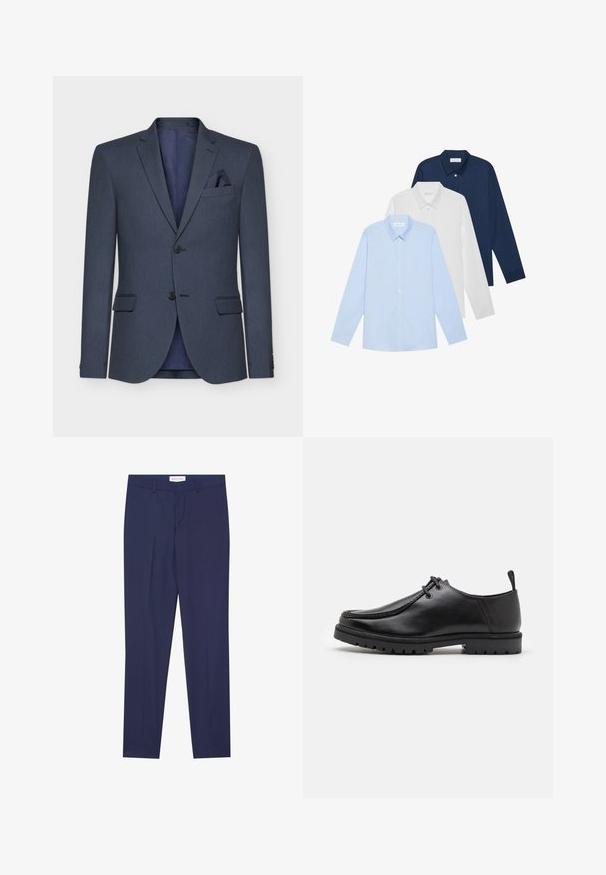 Mørkeblå blazer i et tekstureret stof, med to knapper, skrå lapels og en lommetørklæde; har en kontrastfyldt indvendig foring.; Tre langærmede skjorter: lyseblå, hvid og marineblå. Alle har en klassisk krave og knaplukning foran, lavet af glat stof.; Marineblå bukser i glat stof med flad front, to sidelommer, lynlås i front og ren nederkant uden mønstre eller accenter.; Sort læder snøresko med en robust sål og en pull tab ved hælen, vist fra siden på en hvid baggrund.