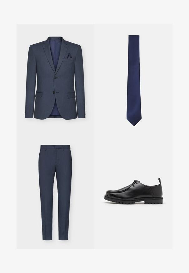 Tummansininen bleiseri, jossa on teksturoitu kangas, kaksi nappia, viistot lapelikaulukset ja taskuliina; sisältää kontrastivärisen vuoren.; Kolme pitkähihasta paitaa: vaaleansininen, valkoinen ja laivaston sininen. Kaikissa on klassinen kaulus ja napitettavat etuosat, valmistettu sileästä kankaasta.; Navy blue jakkohousut, joissa on sileä pinta, kapeat mallit, keskeinen taitos ja vyölenkit. Kankaan pinnassa on hienovarainen kudottu kuvio.; Musta nahkainen nauhallinen kenkä, jossa on kestävä pohja ja kantapään vetohihna, esitetty sivuprofiilista valkoista taustaa vasten.; Löysý ylä-lajin sitruuna, joka on selkeästi tiheällä viistolla uralla. Siinä on terävä kärki ja virtaviivainen, kapea muoto. Valmistettu sileästä kankaasta.