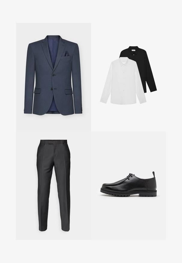 Marineblauwe blazer van een gestructureerde stof, met twee knopen, notch revers en een pochet; beschikt over een contrasterende binnenvoering.; Witte en zwarte langemouwen shirts met puntige kraag, knopen aan de voorkant en een gladde stoftextuur. Labels zichtbaar aan de binnenkant van de hals.; Maatpakken in donkergrijs gemêleerd stof. Heeft een slim fit, vlakke voorkant en ceintuurlussen. Gladde textuur met een subtiele glans.; Zwarte leren veterschoen met een robuuste zool en een aantreklip aan de achterkant, van opzij getoond op een witte achtergrond.