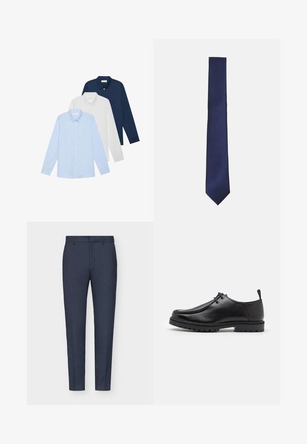 Navy blue blazer with a textured fabric, two buttons, notched lapels, and a pocket square; features a contrasting interior lining.; Three long-sleeve shirts: light blue, white, and navy. All have a classic collar and button-down front, made of smooth fabric.; Navy blue tailored trousers with a smooth texture, slim fit, central crease, and belt loops. Fabric features a subtle woven pattern.; Black leather lace-up shoe with a rugged sole and pull tab at the heel, shown from the side on a white background.; Navy blue tie with a textured diagonal ribbed pattern. It has a pointed tip and a sleek, narrow shape. Made of smooth fabric.