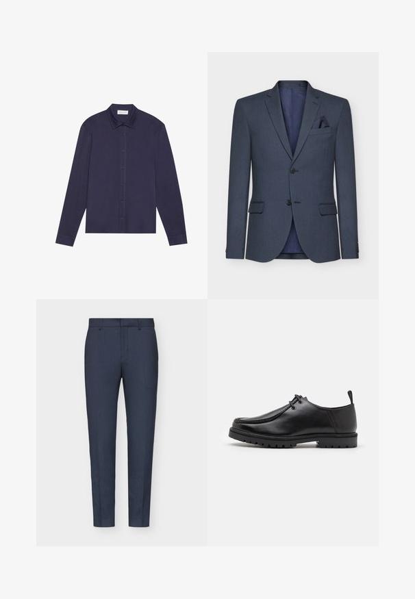 Navyblauer Blazer aus strukturiertem Stoff, mit zwei Knöpfen, Reverskragen und einer Taschenquadrate; hat ein kontrastierendes Innenfutter.; Marineblaues Langarmhemd aus glattem Stoff, mit Knopfverschluss vorne, spitzen Kragen und leicht lockerer Passform.; Marineblau zugeschnittene Hose mit glatter Textur, schmaler Passform, Mittelfalte und Gürtelschlaufen. Der Stoff weist ein dezentes gewebtes Muster auf.; Schwarze Leder-Schnürschuhe mit robustem Sohlenprofil und Zuglasche an der Ferse, von der Seite auf einem weißen Hintergrund gezeigt.
