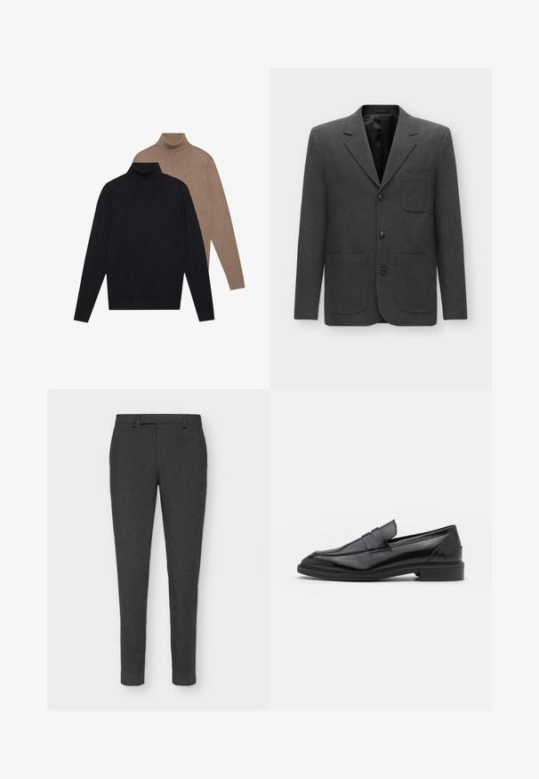 Tumši pelēks žakets, kas izgatavots no teksturēta auduma, ar vienu krūšu kabatu, iegrieztām atlokiem un trim priekšējiem pogām. Odere iekšpusē.; Divi garām piedurknēm tīkliņi, viens melns un otrs gaiši brūns, izgatavoti no mīksta adījuma ar pieguļošu dizainu un ribām aprocēs.; Tumšas pelēkas fasonētas bikses, izgatavotas no teksturētas auduma, ar pogu un rāvējslēdzēju, jostu cilpām un šauru piegriezumu.; Melnas ādas loafers ar gludu virsmu, ar noapaļotu purngalu un šauru joslu pāri augšdaļai. Zems kaudzes papēdis.