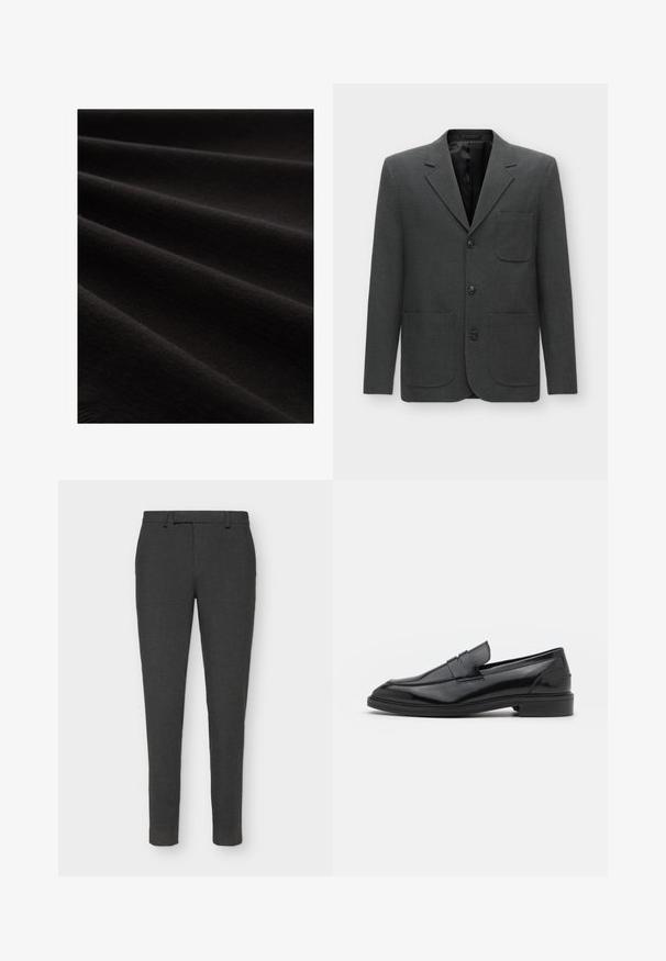 Dark grey blazer made of textured fabric, featuring a single chest pocket, notched lapels, and three front buttons. Lined interior.; Black fabric with a smooth texture, shown in folds, exhibiting a subtle sheen and fine-knit pattern, emphasizing its soft appearance.; Dark gray tailored trousers made from textured fabric, featuring a button and zipper closure, belt loops, and a slim fit design.; Black leather loafers with a smooth finish, featuring a rounded toe and a narrow band across the upper. Low stacked heel.