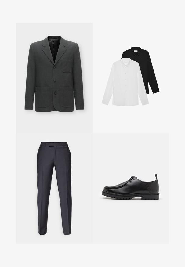 Donkergrijze blazer van textuurstof, met een enkele borstzak, gekartelde revers en drie knopen aan de voorkant. Gevoerd interieur.; Witte en zwarte langemouwen shirts met puntige kraag, knopen aan de voorkant en een gladde stoftextuur. Labels zichtbaar aan de binnenkant van de hals.; Donkergrijze op maat gemaakte broek met een rechte pijp. Heeft een gladde textuur en voorplooien. Geen zichtbare merknaam of versieringen.; Zwarte leren veterschoen met een robuuste zool en een aantreklip aan de achterkant, van opzij getoond op een witte achtergrond.