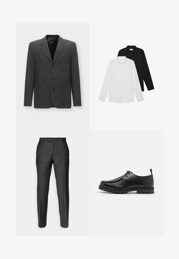 Donkergrijze blazer van textuurstof, met een enkele borstzak, gekartelde revers en drie knopen aan de voorkant. Gevoerd interieur.; Witte en zwarte langemouwen shirts met puntige kraag, knopen aan de voorkant en een gladde stoftextuur. Labels zichtbaar aan de binnenkant van de hals.; Maatpakken in donkergrijs gemêleerd stof. Heeft een slim fit, vlakke voorkant en ceintuurlussen. Gladde textuur met een subtiele glans.; Zwarte leren veterschoen met een robuuste zool en een aantreklip aan de achterkant, van opzij getoond op een witte achtergrond.