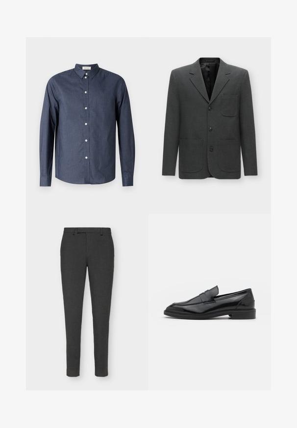 Tumši pelēks žakets, kas izgatavots no teksturēta auduma, ar vienu krūšu kabatu, iegrieztām atlokiem un trim priekšējiem pogām. Odere iekšpusē.; Tums zilā krāsa, garas piedurknes pogājama krekla izgatavots no gludas auduma; ir klasiskas formas apkakle, baltas pogas un noapaļots apakšmali.; Tumšas pelēkas fasonētas bikses, izgatavotas no teksturētas auduma, ar pogu un rāvējslēdzēju, jostu cilpām un šauru piegriezumu.; Melnas ādas loafers ar gludu virsmu, ar noapaļotu purngalu un šauru joslu pāri augšdaļai. Zems kaudzes papēdis.