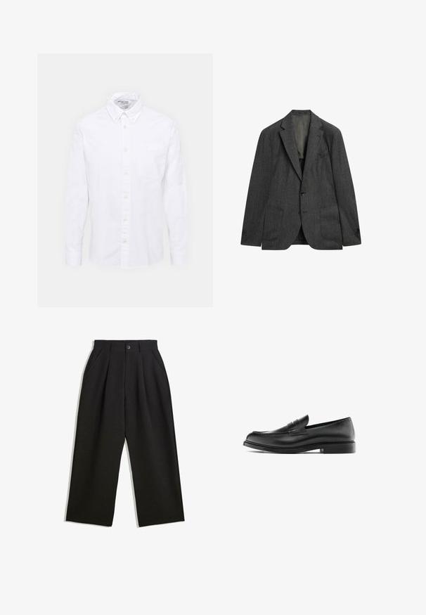 Mørkegrå blazer med et subtilt stribet mønster, enkeltbregnet, med reverskrave, to for-lommer og knaplukning. Klassisk skræddersyet design.; Sort turtleneck sweater med en tætsiddende krave, lange ærmer og ribbede manchetter og kant. Lavet af blødt, strækbart stof med en glat tekstur.; Hvid skjorte med knapper lavet af bomuld. Har en klassisk krave, brystlomme og lange ærmer. Glat tekstur med en subtil glans.; Sorte bukser med en afslappet pasform, der har plisseringer foran, sidelommer og knaplukning. Fremstillet af tekstureret stof.; Sorte læder penny loafers med lav hæl, afrundet tå og syninger langs overdelen, vist i sideprofil på en hvid baggrund.