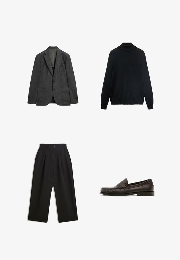 Ciemnoszary żakiet z subtelnym wzorem w paski, jednorzędowy, z wyłogami, dwoma przednimi kieszeniami i zapięciem na guziki. Klasyczny, dopasowany krój.; Czarny sweter z golfem, o dopasowanym kołnierzu, długich rękawach oraz ściągaczach przy mankietach i dolnym brzegu. Wykonany z miękkiej, elastycznej tkaniny o gładkiej fakturze.; Czarny bawełniany t-shirt z klasycznym okrągłym dekoltem, krótkimi rękawami i luźnym krojem. Gładka faktura, bez wzorów ani ozdób.; Czarne spodnie o luźnym kroju, z zakładkami z przodu, kieszeniami po bokach i zapięciem na guzik. Wykonane z fakturowanej tkaniny.; Brązowe skórzane loafersy o gładkiej fakturze, z ozdobnym przeszyciem, niskim obcasem i zaokrąglonym noskiem.