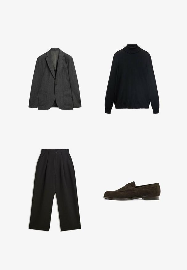 Dunkelgrauer Blazer mit subtilem Streifenmuster, einreihig, mit Reverskragen, zwei vorderen Taschen und Knopfverschluss. Klassisches, maßgeschneidertes Design.; Schwarzer Rollkragenpullover mit engem Kragen, langen Ärmeln und gerippten Bündchen und Saum. Hergestellt aus weichem, dehnbarem Stoff mit glatter Textur.; Schwarzes Baumwoll-T-Shirt mit klassischem Rundhalsausschnitt, kurzen Ärmeln und lockerer Passform. Glatte Textur, keine Muster oder Verzierungen.; Schwarze Hose mit lockerem Schnitt, mit Falten an der Vorderseite, Seitentaschen und einem Knopfverschluss. Hergestellt aus strukturiertem Stoff.; Braune Wildleder-slipper mit einer abgerundeten Spitze, die ein dekoratives Band über dem Obermaterial aufweist, und einem niedrigen Lederabsatz. Glatte Textur und minimales Design.