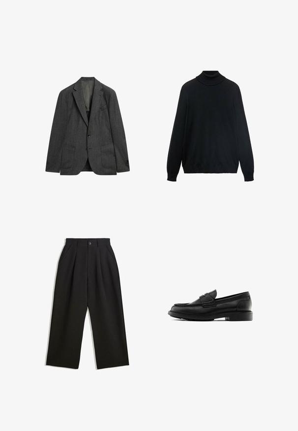 Dark gray blazer with a subtle striped pattern, single-breasted, notched lapels, two front pockets, and button closure. Classic tailored design.; Black turtleneck sweater with a fitted collar, long sleeves, and ribbed cuffs and hem. Made from soft, stretchy fabric with a smooth texture.; Black cotton t-shirt with a classic crew neck, short sleeves, and relaxed fit. Smooth texture, no patterns or embellishments.; Black trousers with a relaxed fit, featuring pleats at the front, side pockets, and a button closure. Made from textured fabric.; Black leather loafers with a rounded toe, stitched detailing, and a flat rubber sole. Features a front strap design.