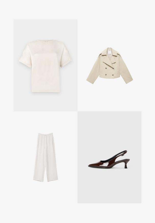 Krémová zkrácená dvouřadá bunda vyrobená z bavlny. Má velké knoflíky, dvě přední kapsy a široký klopu s otevřeným límcem.; Krátký rukáv tričko s kulatým výstřihem v barvě off-white, vyrobené z hladkého materiálu, s uvolněným střihem a minimálními švy na rukávech.; Bílé široké kalhoty vyrobené z lehké tkaniny. Mají elastický pas se šňůrkou a boční kapsy. Hladká textura.; Hnědé lakované kožené slingback boty s špičatou špičkou a mírným podpatkem. Disponují přezkou pro bezpečné upevnění. Hladký povrch.