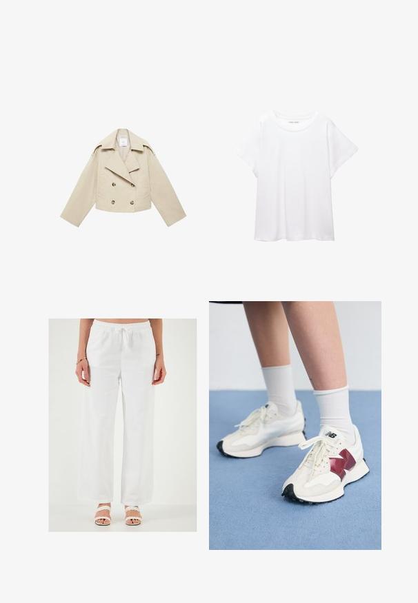 Beige skrátená dvojradová bunda vyrobená z bavlny. Obsahuje veľké gombíky, dve predné vrecká a široký klop, ktorý má otvorený golier.; Biele tričko vyrobené z mäkkého, ľahkého materiálu. Má okrúhly výstrih a krátke, široké rukávy s uvoľneným strihom. Bez viditeľných vzorov.; Biele, voľné ľanové nohavice s elastickým pásom a šnúrkou. Hladký povrch, široký strih a bez viditeľných vzorov.; Pár bielych tenisiek s bordovými akcentmi, štruktúrovanými panelmi, plochou čiernou podrážkou a svetlými šnúrkami, nosených s bielymi členkovými ponožkami.