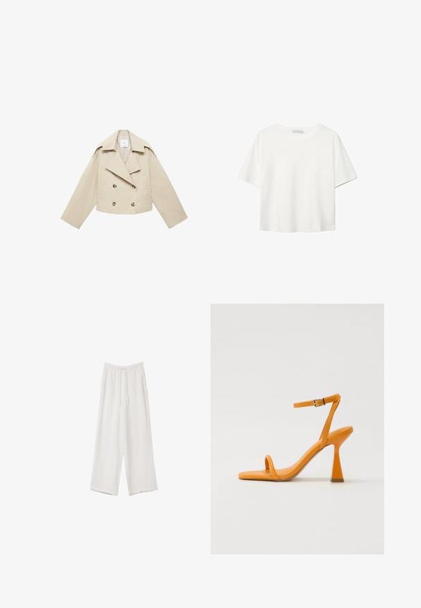 Beige skrátená dvojradová bunda vyrobená z bavlny. Obsahuje veľké gombíky, dve predné vrecká a široký klop, ktorý má otvorený golier.; Biela krátkopsová tričko vyrobené z bavlny. Má okrúhly výstrih a voľný strih. Hladká textúra bez viditeľných vzorov alebo akcentov.; Biele široké nohavice vyrobené z ľahkej tkaniny. Obsahujú elastický pás so sťahovacou šnúrkou a bočné vrecká. Hladká textúra.; Oranžové kožené sandále na vysokom podpätku so štvorcovou špičkou, tenkým remienkom na členku a blokovým podpätkom. Hladká textúra a elegantný, minimalistický dizajn.