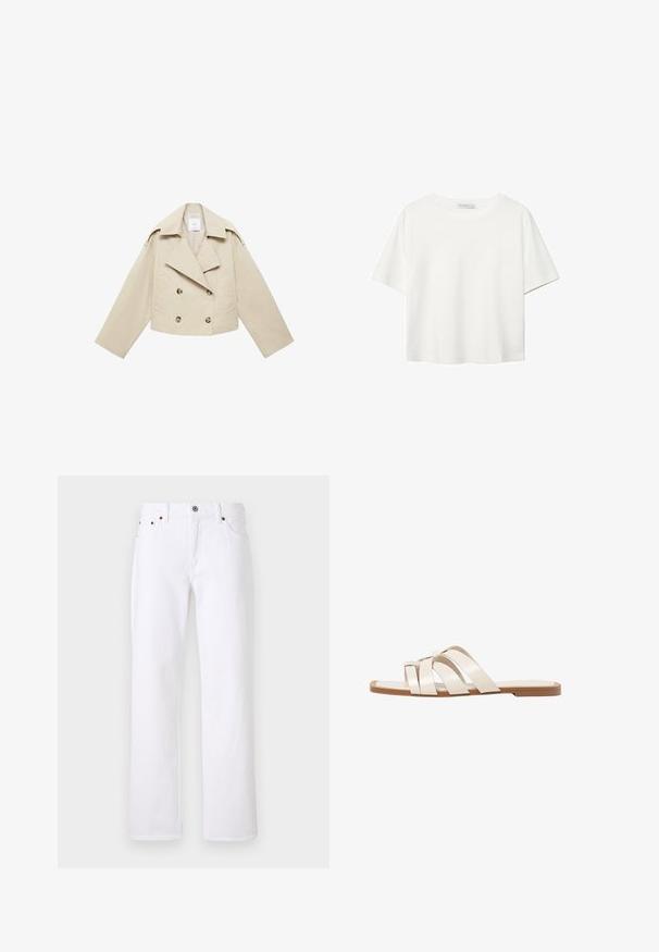 Beige cropped dobbeltbrystet jakke lavet af bomuld. Har store knapper, to frontlommer og en bred revers med åben krave.; Hvid kortærmet t-shirt lavet af bomuld. Har en rund halsudskæring og en afslappet pasform. Glat tekstur uden synlige mønstre eller detaljer.; Hvide denim jeans med lige pasform, fem-lomme design og metalknaplukning. Inkluderer beige syninger og synlige sømme.; Flade sandaler med en lys gummisål, designet med tre overlappende hvide læderremme og en lille sløjfe detalje i midten.