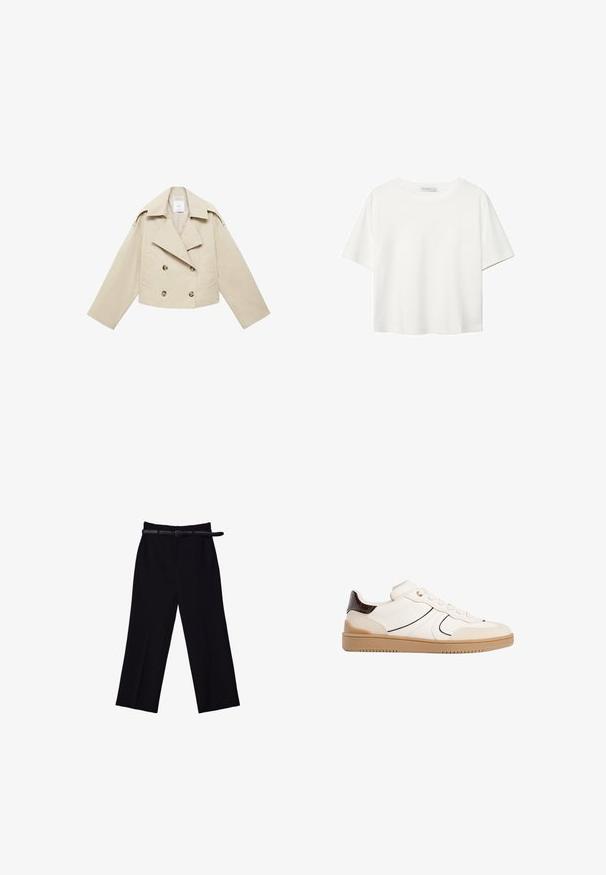 Beige cropped dobbeltbrystet jakke lavet af bomuld. Har store knapper, to frontlommer og en bred revers med åben krave.; Hvid kortærmet t-shirt lavet af bomuld. Har en rund halsudskæring og en afslappet pasform. Glat tekstur uden synlige mønstre eller detaljer.; Sorte brede bukser med en glat tekstur. Har en tætsiddende talje, bæltestropper og forlommer.; Stradivarius Sneakers - white