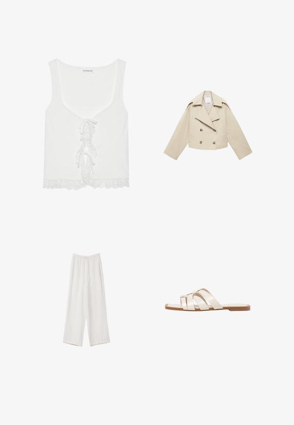 Beige skrátená dvojradová bunda vyrobená z bavlny. Obsahuje veľké gombíky, dve predné vrecká a široký klop, ktorý má otvorený golier.; Biela rebrovaná tielko s V-výstrihom, detaily s šnurovaním na prednej strane a krajkou na leme. Vyrobené z mäkkej tkaniny s priliehavým strihom.; Biele široké nohavice vyrobené z ľahkej tkaniny. Obsahujú elastický pás so sťahovacou šnúrkou a bočné vrecká. Hladká textúra.; Ploché sandále s hnedou gumovou podrážkou, navrhnuté s tromi prekrývajúcimi sa bielymi koženými popruhmi a malou mašličkou uprostred.