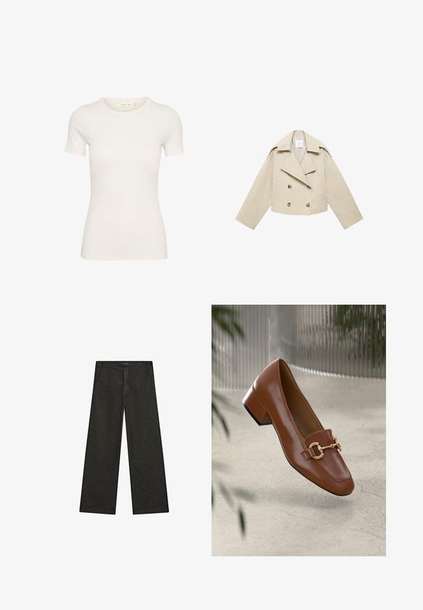 Beige cropped dobbeltbrystet jakke lavet af bomuld. Har store knapper, to frontlommer og en bred revers med åben krave.; Kortærmet hvid t-shirt lavet af ribbet bomuld, med en rund hals og figursyet pasform. Ingen synlige mønstre eller detaljer.; Videbenede sorte denim bukser med en mid-rise talje, to forlommer og et rent, minimalistisk design uden synlige dekorationer.; Brun patentlæder loafers med firkantet tå, metallisk kædeaccent og lav blokhæl; glat tekstur, minimalistisk design.