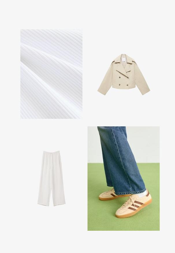 Giacca cropped beige doppiopetto in cotone. Presenta grandi bottoni, due tasche frontali e un ampio revers con colletto aperto.; Tessuto bianco a coste con sottili linee verticali e una superficie liscia, che si drappeggia in morbide pieghe.; Pantaloni a gamba larga bianchi realizzati in un tessuto leggero. Presentano una vita elastica con cordoncino e tasche laterali. Texture liscia.; Sneakers beige con pannelli texturizzati crema e strisce marroni, abbinati a jeans in denim blu. I jeans hanno un taglio largo e orlo sfilacciato.