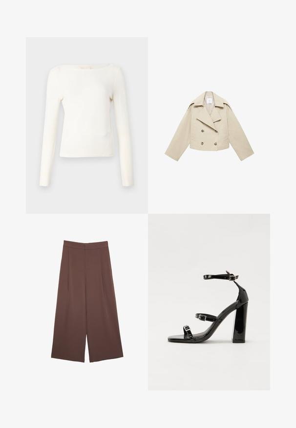Beige skrátená dvojradová bunda vyrobená z bavlny. Obsahuje veľké gombíky, dve predné vrecká a široký klop, ktorý má otvorený golier.; Dlhý rukáv top v svetlom krémovom odtieni, pôsobiaci s lodičkovým výstrihom, priliehavým strihom a hladkou pleteninou. Minimálne švy a žiadne viditeľné vzory.; Hnedé nohavice so širokými nohavicami a hladkou textúrou, s vysokým pásom a prednými skladmi. Tkanina je ľahká a voľne sa pohybuje.; Čierne lakované sandále na podpätku so štvorcovou špičkou, navlečenými remienkami okolo členku a striebornými prackami. Disponujú masívnym blokovým podpätkom pre stabilitu.