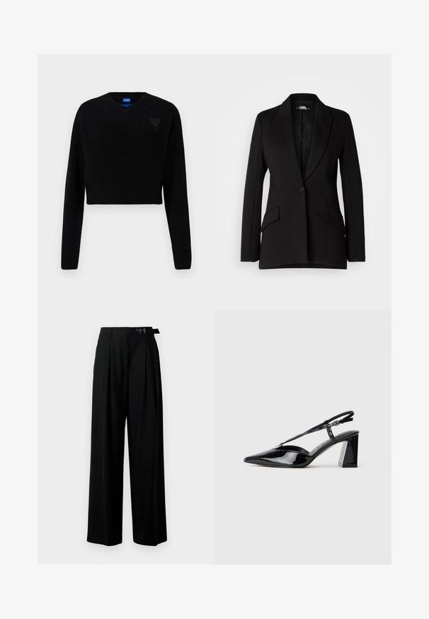 Blazer noir avec un design structuré, revers crantés, fermeture à un bouton, deux poches latérales et texture de tissu lisse.; Pull noir court avec un col en V, ourlet côtelé et manches longues. Présente un petit détail en forme de cœur texturé sur la poitrine. Fabriqué en matériau doux.; Pantalons larges noirs taille haute, avec des plis à l'avant et une ceinture avec une boucle. Conçus en tissu lisse et léger.; Chaussures à talons hauts en cuir verni noir, avec un bout pointu, une sangle réglable et un talon rectangulaire épais.