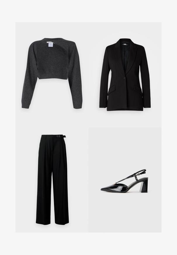 Juodas švarkas su struktūrizuotu dizainu, notch apykaklėmis, vieno mygtuko uždarymu, dviem šoninėmis kišenėmis ir lygiomis audinio tekstūromis.; pure cashmere BOLERO TWO-WAY - Džemperis - graphite; Juodos plačios kojų kelnės su aukštu liemeniu, priekinėmis klostėmis ir diržu su sagtimi. Pagamintos iš lygaus, lengvo audinio.; Juodos lakinės odos aukštakulnės basutės su smailiu pirštu, reguliuojama juosta ir storu stačiakampiu kulnu.