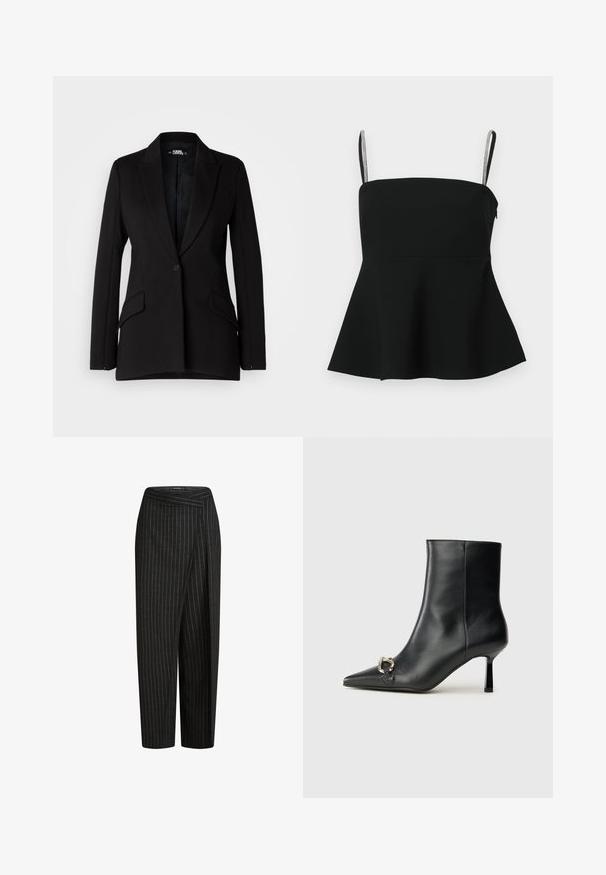 Mustapukinen bleiseri, jossa on jämäkkä rakenne, nuolella varustetut kaulukset, yksittäinen nappisulku, kaksi sivutaskua ja sileä kangas.; Mustat peplum -paita ohuiden säädettävien olkaimien ja hopea-tehosteiden kanssa. Valmistettu sileästä kankaasta, jossa on istuva yläosa ja levenevä helma.; Mustat raidoitetut housut, joissa on leveä lahje, lyhyempi pituus ja taitettu vyötärö näyttävän ilmeen saavuttamiseksi. Pehmeä kangas.; Musta nahkasaapas nilkkapituisilla, terävillä kärjillä, hoikalla keskipituisella korolla ja hopeavöillä sivussa yksinkertaista taustaa vasten.