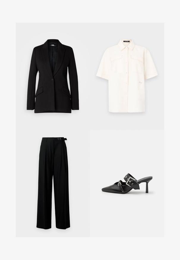 Blazer noir avec un design structuré, revers crantés, fermeture à un bouton, deux poches latérales et texture de tissu lisse.; Chemise à manches courtes de couleur crème, fabriquée en tissu léger, avec deux poches à l'avant, un design à boutons et des coutures contrastantes.; Pantalons larges noirs taille haute, avec des plis à l'avant et une ceinture avec une boucle. Conçus en tissu lisse et léger.; Mules noires à talons hauts avec un bout pointu, en cuir lisse. Dotées d'une large sangle à la cheville avec une boucle carrée en argent et des clous.
