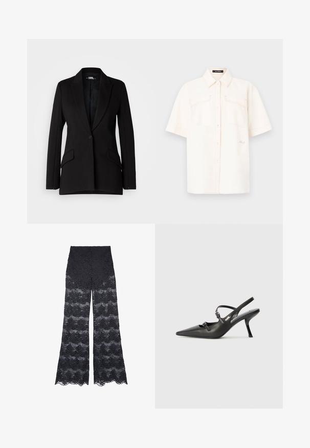 Mustmustärki struktureeritud disainiga, nööpaukudega, ühe nööbiga kinnitusega, kahe küljetasku ja siledast kangast tekstuuriga.; Lühikeste varrukatega, kreemivärvi särk kerge kangaga, millel on kaks eesmist taskut, nööbiga sulgemine ja kontrastne õmblus.; Musträpistest mustad pitsilised laiad püksid, millel on lillemotiivid ja lainelised servad, pakkudes läbipaistvat tekstuuri kogu ulatuses.; Must musta slingback kontsad, terava nina, peenike konts ja dekoratiivne pandla detail peal. Sile tekstuur ja stiilne disain.