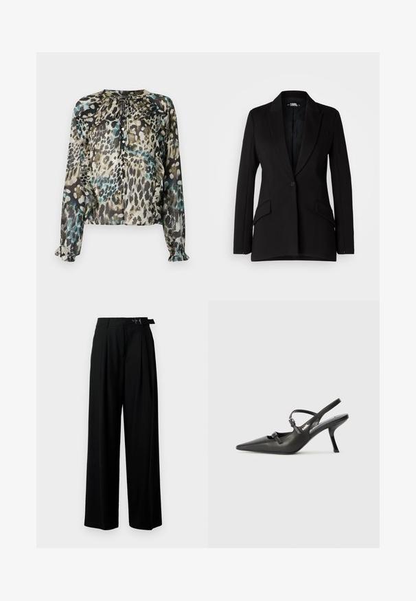 Czarna marynarka o zdefiniowanej konstrukcji, z klapami w kształcie notcha, pojedynczym zapięciem na guzik, dwoma kieszeniami bocznymi oraz gładką fakturą materiału.; Przejrzysta, długosleeve bluzka w wielokolorowy wzór w panterkę, z okrągłym dekoltem, detalem z wiązaniem i falbankami przy mankietach.; Czarne spodnie szerokie w nogawkach z wysokim stanem, z plisami z przodu oraz paskiem z klamrą. Wykonane z gładkiego, lekkiego materiału.; Czarne skórzane sandały na obcasie typu slingback z wydłużonym noskiem, smukłym obcasem i ozdobnym zapięciem na cholewce. Gładka tekstura i elegancka forma.