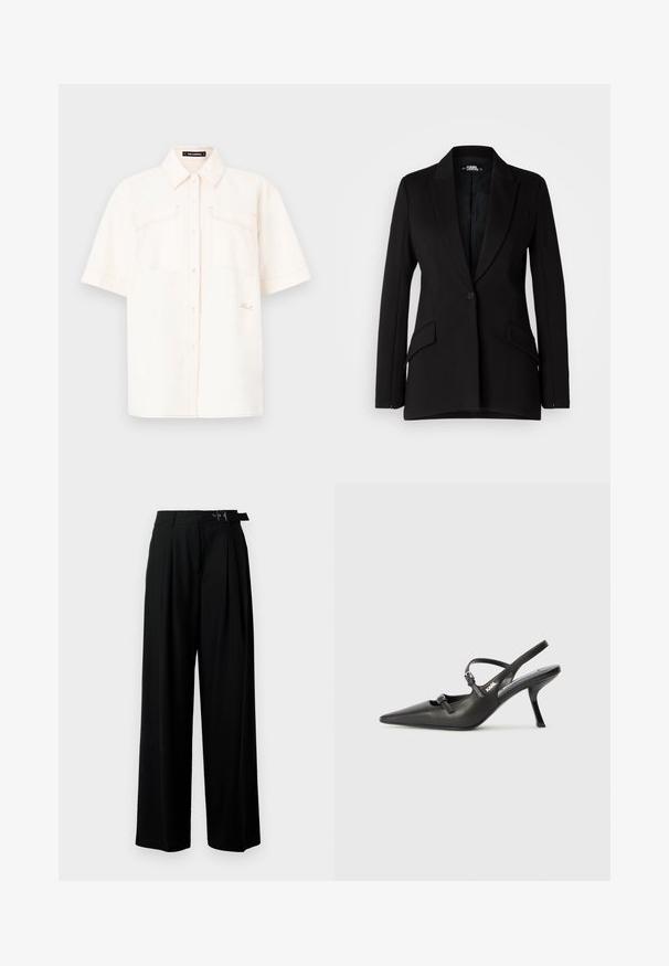 Mustmustärki struktureeritud disainiga, nööpaukudega, ühe nööbiga kinnitusega, kahe küljetasku ja siledast kangast tekstuuriga.; Lühikeste varrukatega, kreemivärvi särk kerge kangaga, millel on kaks eesmist taskut, nööbiga sulgemine ja kontrastne õmblus.; Mustad kõrge vöökohaga mustad laiad püksid, millel on ees voldid ja vöö, millel on pandla. Valmistatud siledast ja kergest kangast.; Must musta slingback kontsad, terava nina, peenike konts ja dekoratiivne pandla detail peal. Sile tekstuur ja stiilne disain.