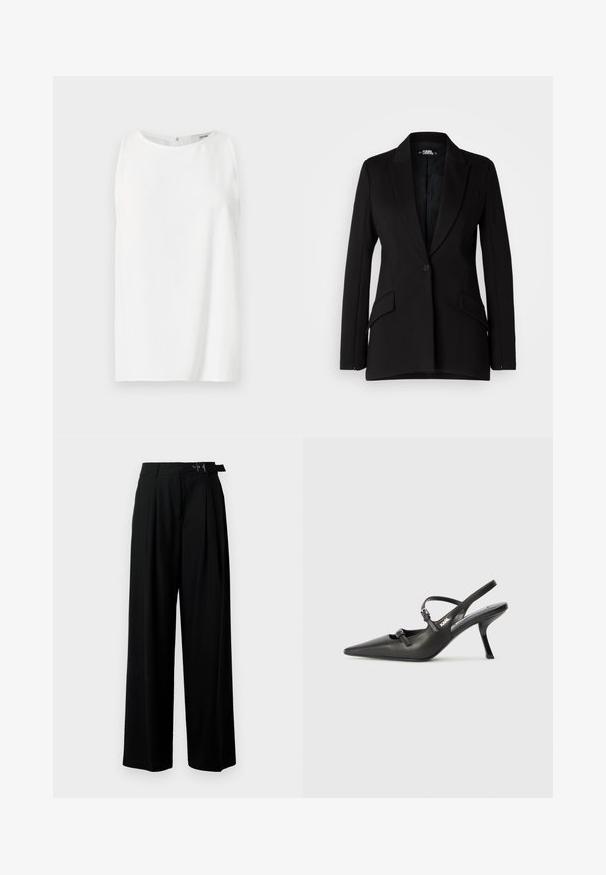 Blazer negro con un diseño estructurado, solapas en pico, cierre de un botón, dos bolsillos laterales y textura de tela suave.; Top blanco sin mangas fabricado en tejido suave, con un escote redondeado y un corte recto con cierre en la parte posterior. Diseño simple y minimalista.; Pantalones de pierna ancha negros con cintura alta, pliegues en la parte delantera y un cinturón con hebilla. Confeccionados con una tela suave y liviana.; Tacones slingback de cuero negro con punta afilada, tacón delgado y detalle decorativo de hebilla en la parte superior. Textura suave y diseño elegante.