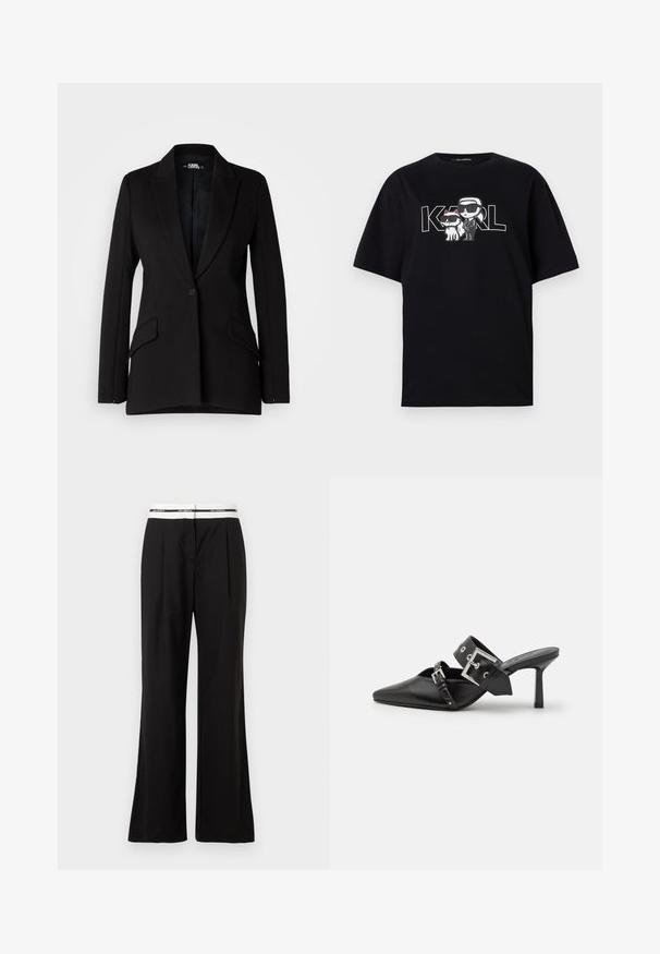 Fekete blézer strukturált dizájnnal, rovátkolt hajtókával, egysoros gombolással, két oldalsó zsebbel és sima textúrával.; Fekete pamut póló, amelyen két napszemüveges mesefigura grafikai nyomat látható, mellette a "KARL" felirat vastag betűkkel.; Fekete, lazán szabott nadrág, fehér rugalmas derékpánttal, amelyen márkajelzés található. Simogató, enyhén fényes anyagból készült.; Fekete magassarkú mules, hegyes orral, sima bőrből készült. Széles bokapántja van, négyzet alakú ezüst csattal és szegecsekkel.
