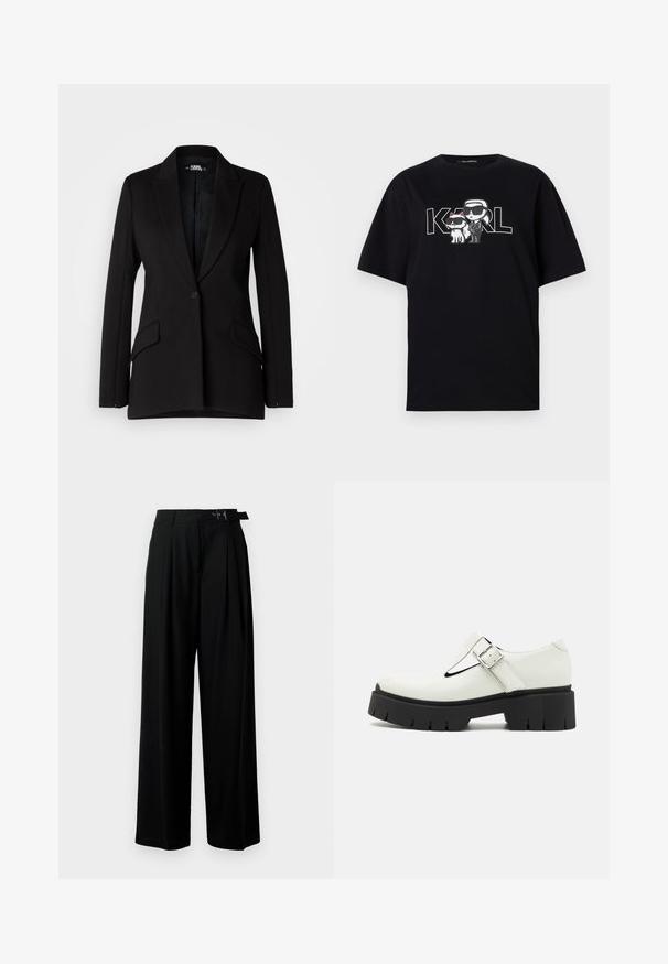 Zwarte blazer met een gestructureerd ontwerp, notch revers, enkele knoopsluiting, twee zijzakken en een gladde stoftextuur.; Zwart katoen t-shirt met een grafische print van twee cartoonfiguren met zonnebrillen, vergezeld van de tekst "KARL" in vette letters.; Zwarte wijde broek met hoge taille, plooien aan de voorkant en een riem met een gesp. Gemaakt van glad, lichtgewicht stof.; Witte gepatineerde leren schoen met een T-bar ontwerp, zilveren gesp, dikke zwarte rubberen zool en structuuraccenten op de hak en zool.